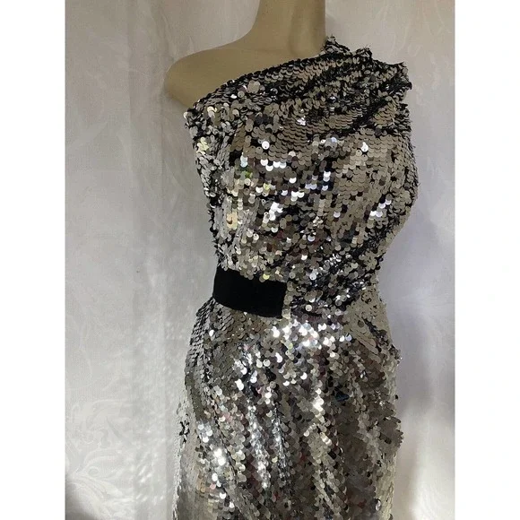 NWT Carven Sequin Dress One Shoulder Silver Metallic Asymmetric Sheath 3… - Picture 4 of 14
